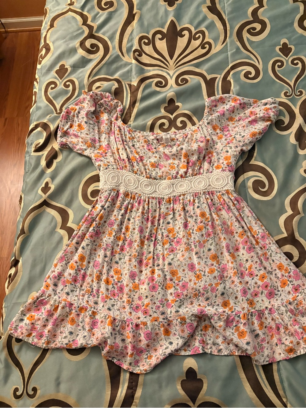 Girls Floral Smocked Waist Dress - Pink & Orange